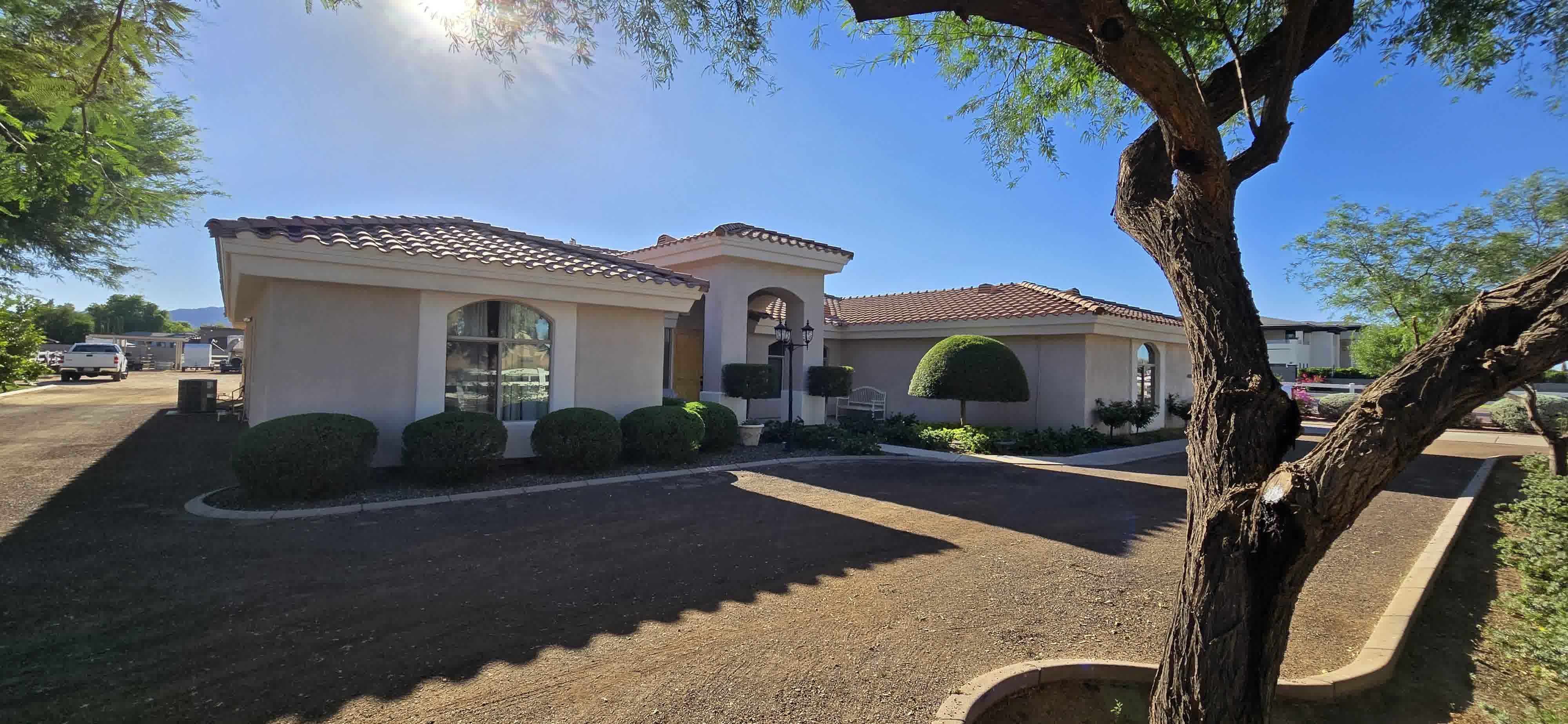 Front yard landscaping with trees and shrubs in Phoenix, Arizona